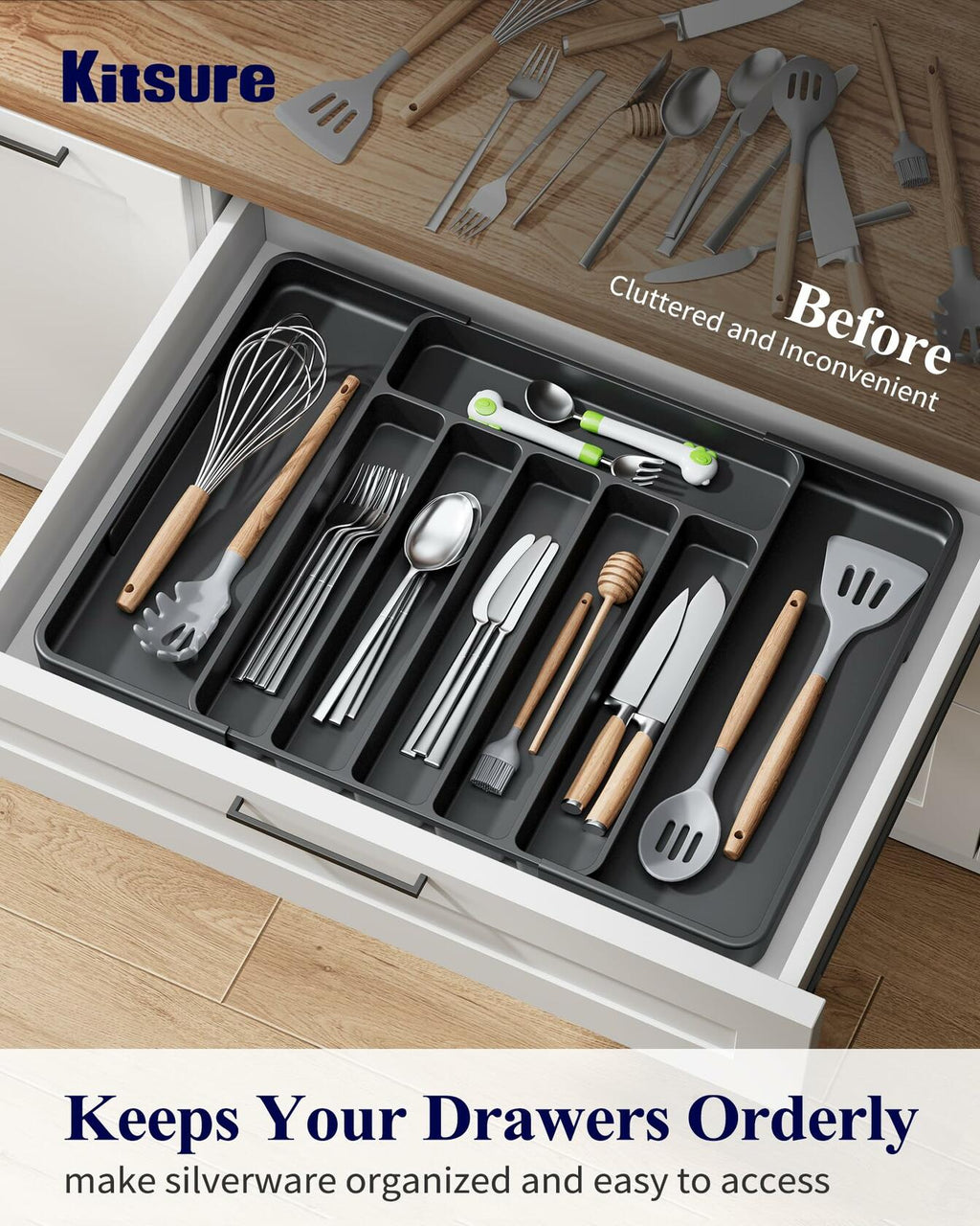 Kitsure Adjustable Cutlery Drawer Organizer Tray 7 Compartments Black