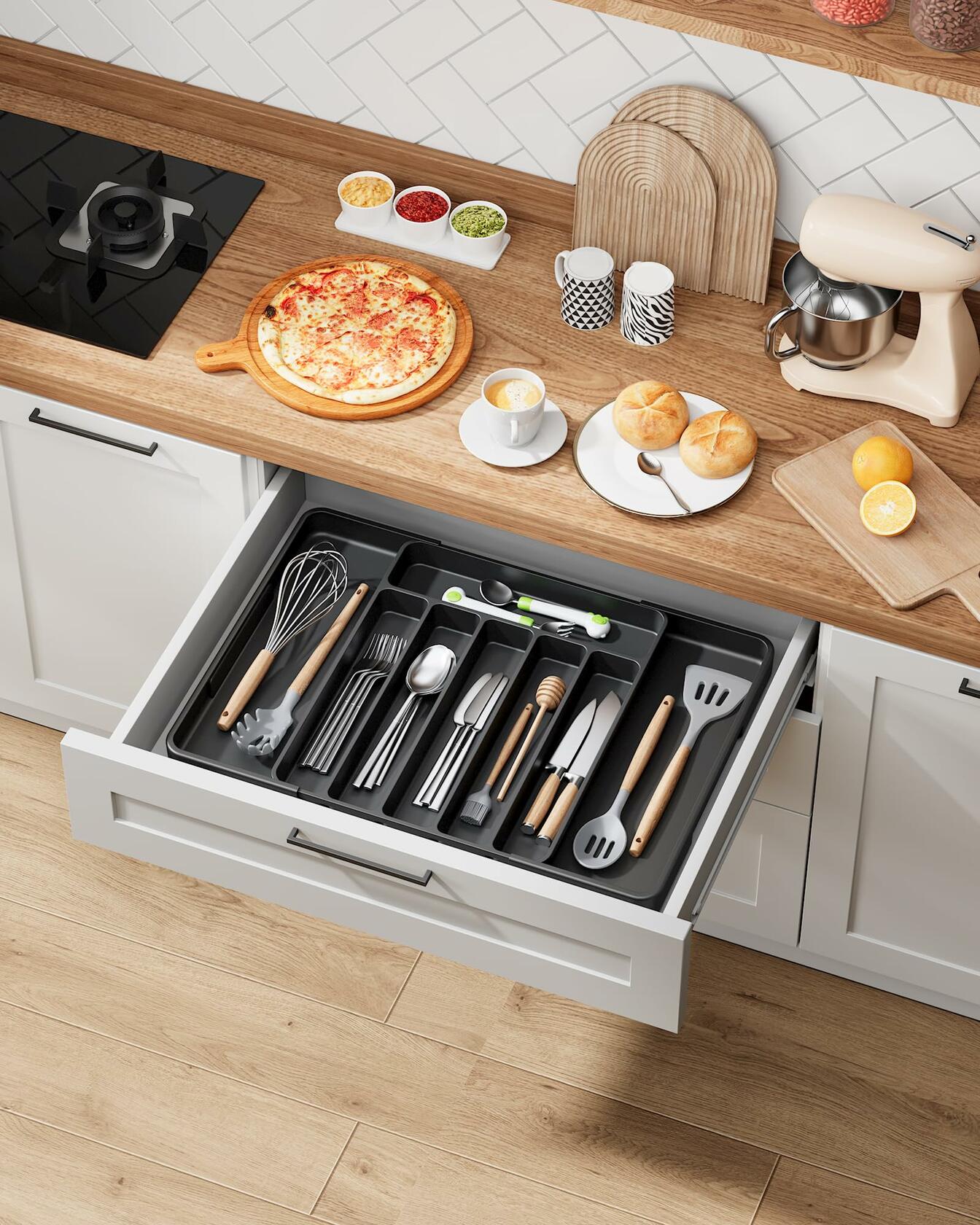 Kitsure Adjustable Cutlery Drawer Organizer Tray 7 Compartments Black