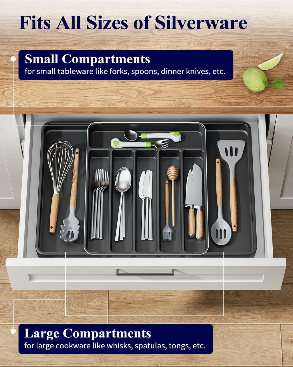 Kitsure Adjustable Cutlery Drawer Organizer Tray 7 Compartments Black