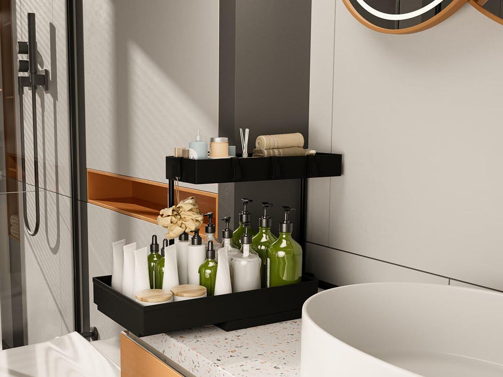 NATURE'S SOURCE 2 Pack 2 Tier Under Sink Organizer with 4 Hooks Black LIKE NEW