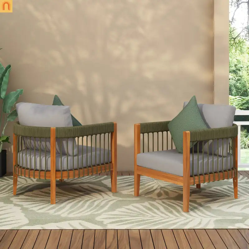 Outdoor Club Chair Set of 2 in Acacia Wood with Handwoven Rope Accents