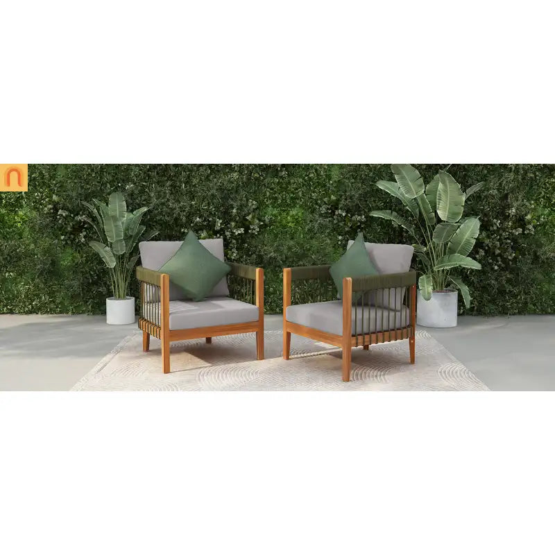 Outdoor Club Chair Set of 2 in Acacia Wood with Handwoven Rope Accents