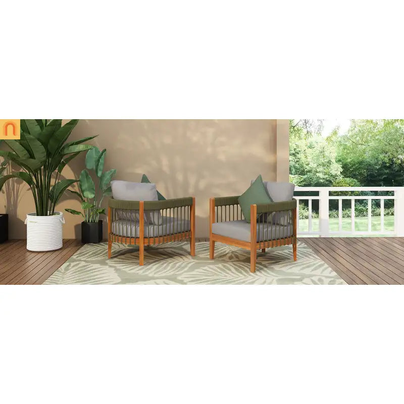 Outdoor Club Chair Set of 2 in Acacia Wood with Handwoven Rope Accents