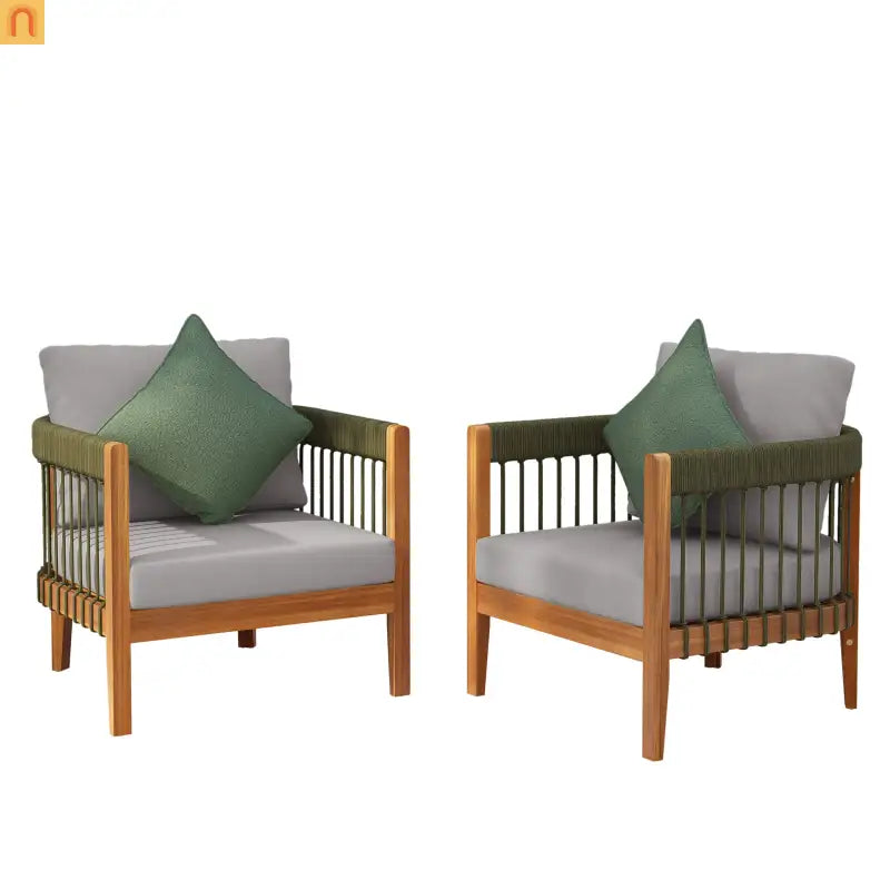 Outdoor Club Chair Set of 2 in Acacia Wood with Handwoven Rope Accents