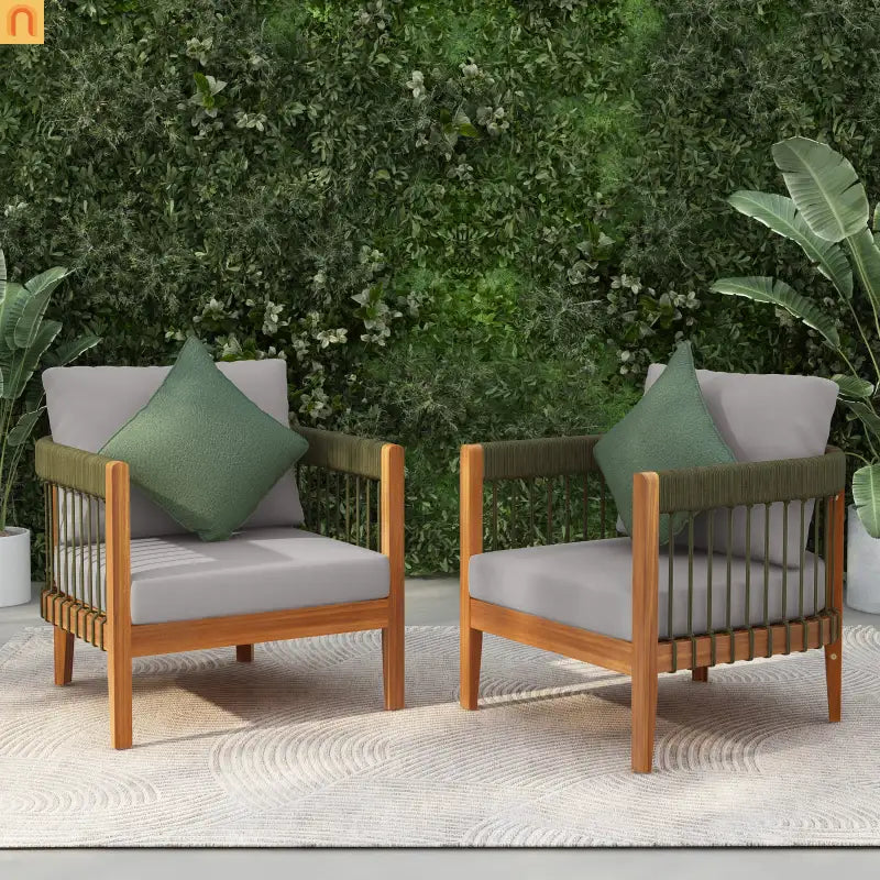 Outdoor Club Chair Set of 2 in Acacia Wood with Handwoven Rope Accents