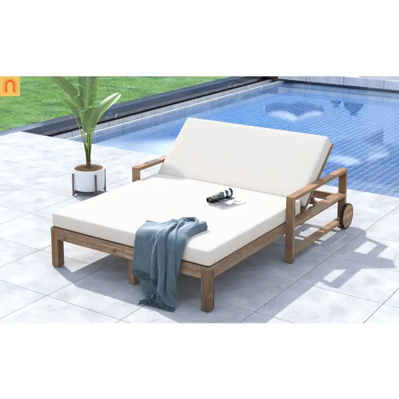 Outdoor Daybed Farmhouse Style Wooden Beige Poolside and Garden 2 Person Seating