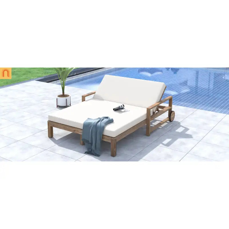 Outdoor Daybed Farmhouse Style Wooden Beige Poolside and Garden 2 Person Seating