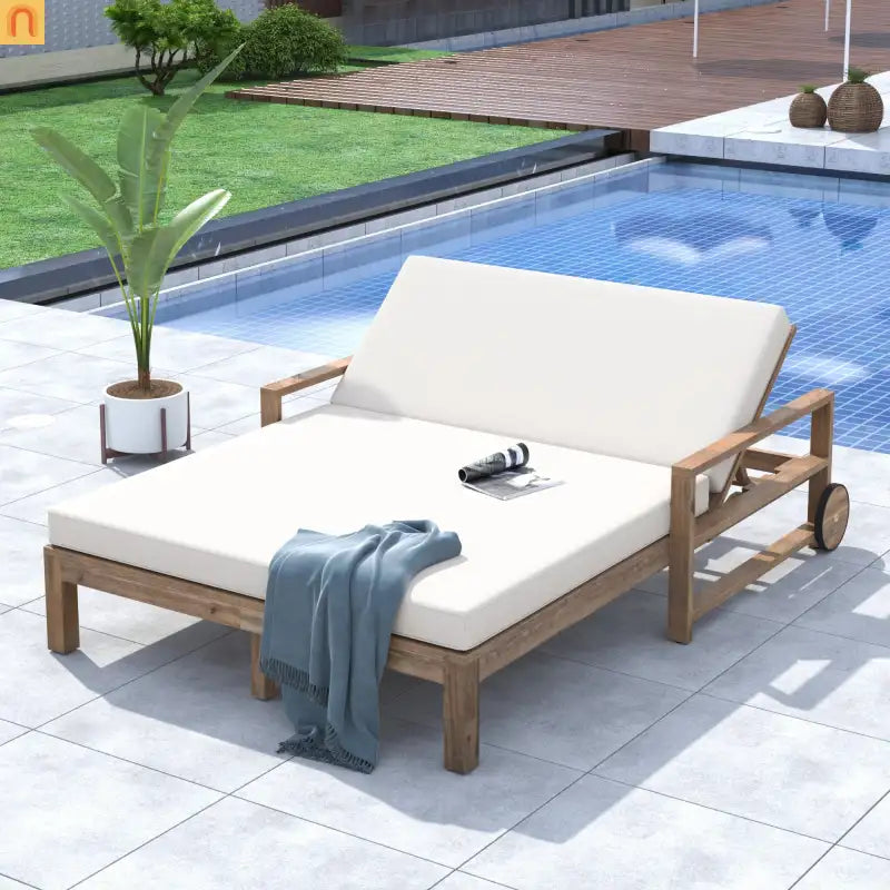 Outdoor Daybed Farmhouse Style Wooden Beige Poolside and Garden 2 Person Seating