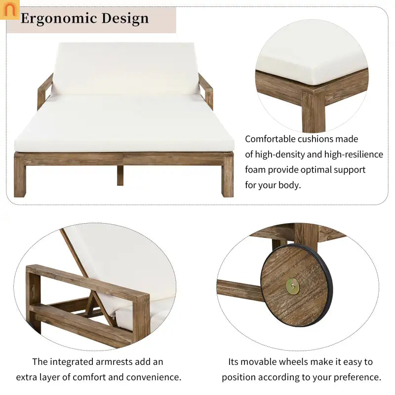 Outdoor Daybed Farmhouse Style Wooden Beige Poolside and Garden 2 Person Seating