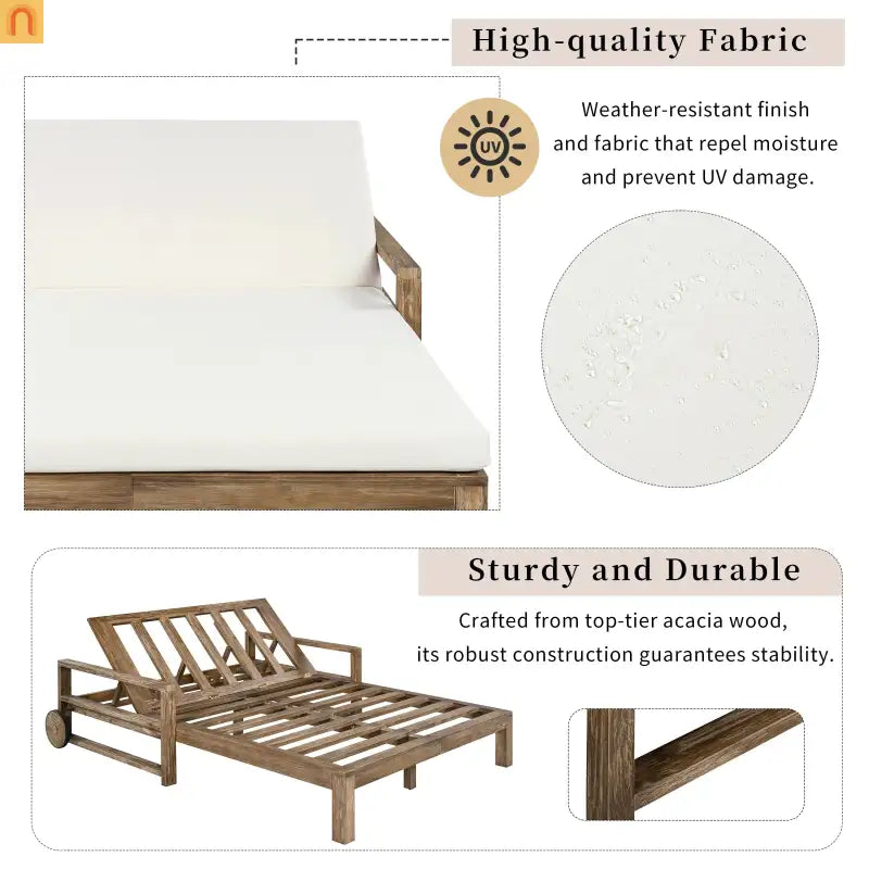 Outdoor Daybed Farmhouse Style Wooden Beige Poolside and Garden 2 Person Seating