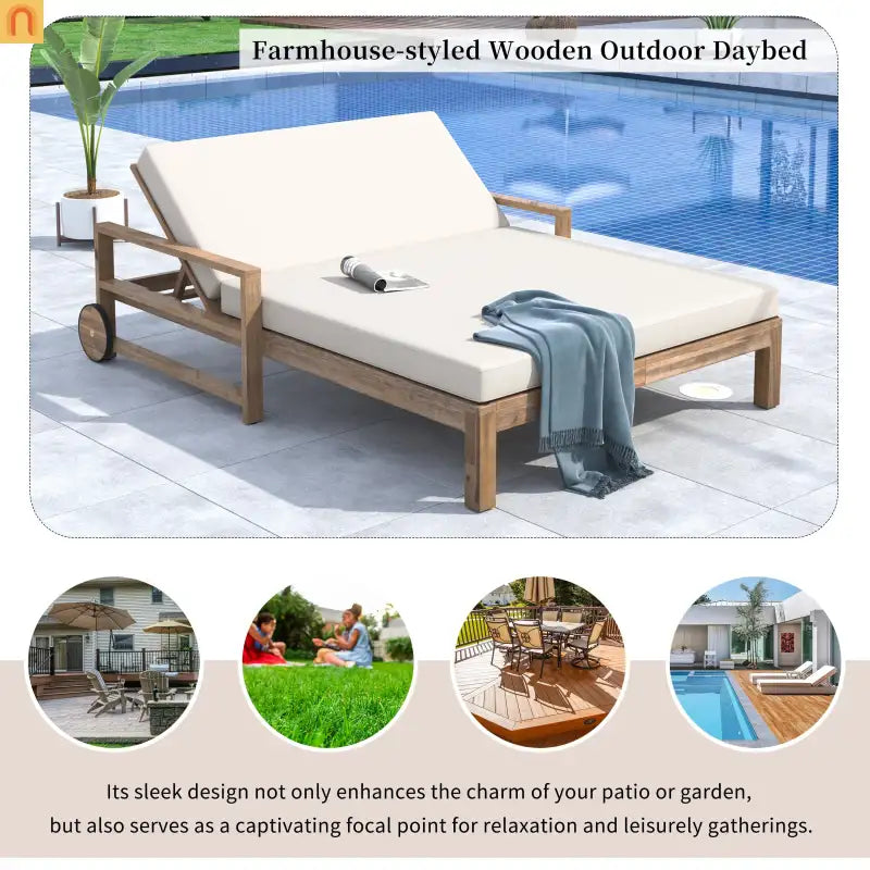 Outdoor Daybed Farmhouse Style Wooden Beige Poolside and Garden 2 Person Seating