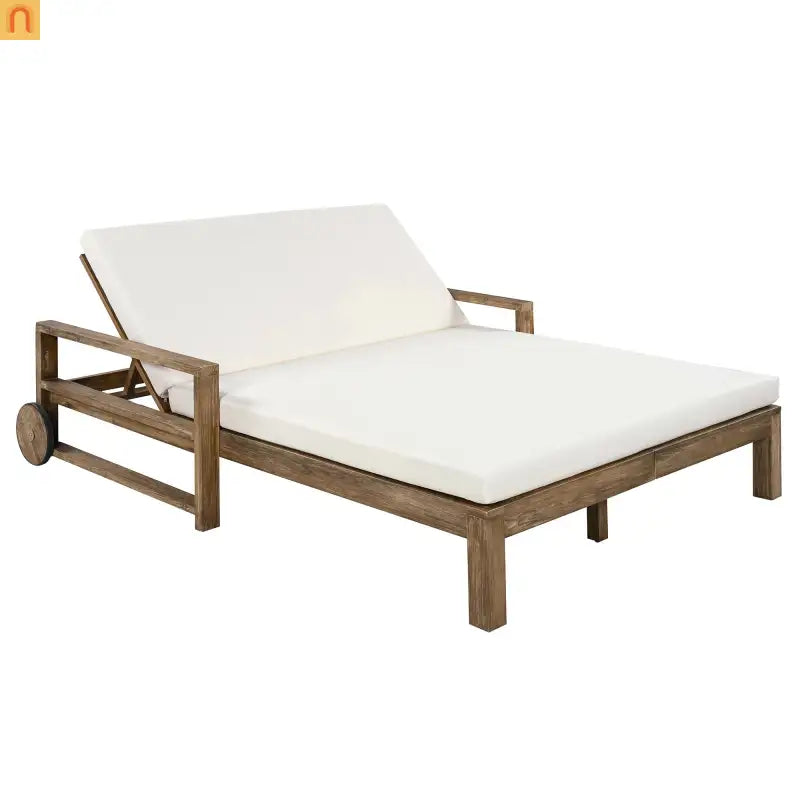 Outdoor Daybed Farmhouse Style Wooden Beige Poolside and Garden 2 Person Seating