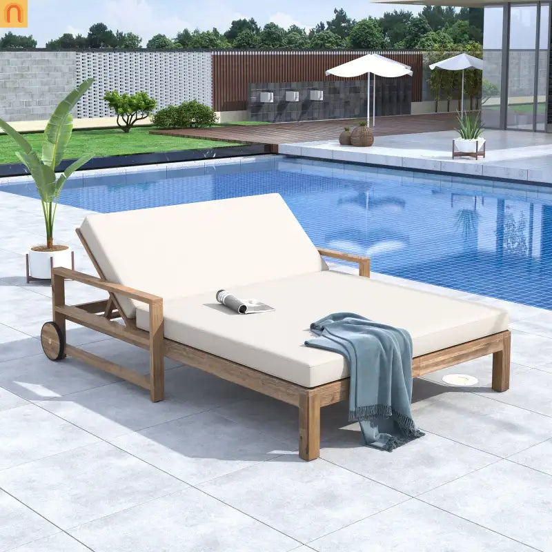 Outdoor Daybed Farmhouse Style Wooden Beige Poolside and Garden 2 Person Seating
