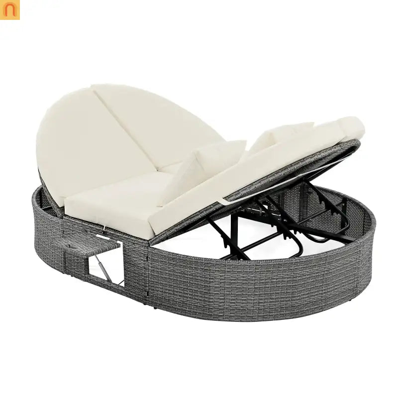 Outdoor Daybed Reclining Rattan Beige with Adjustable Backrests