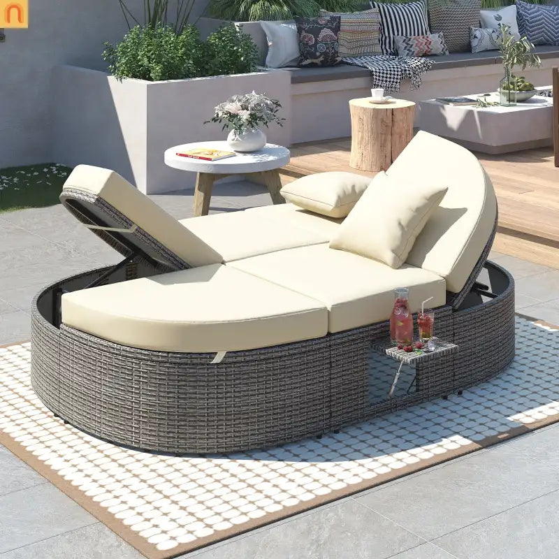 Outdoor Daybed Reclining Rattan Beige with Adjustable Backrests