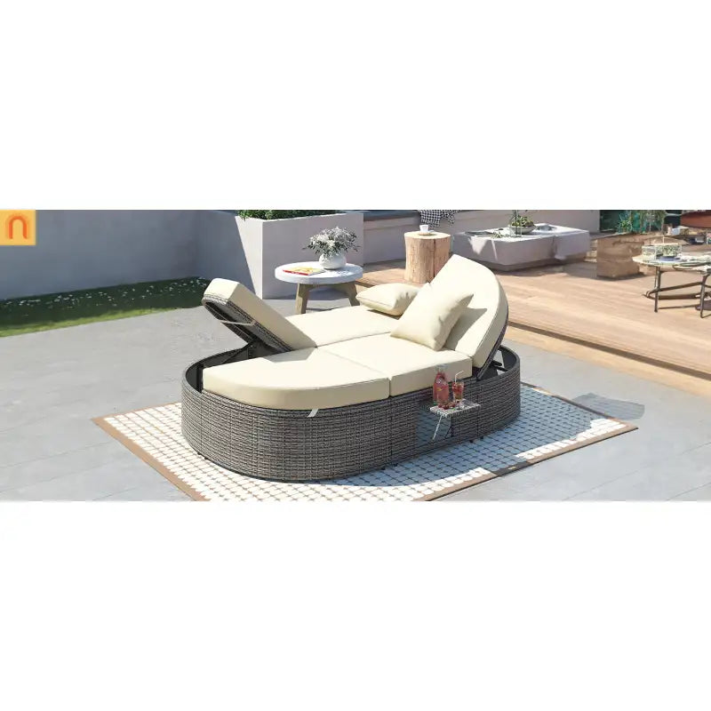 Outdoor Daybed Reclining Rattan Beige with Adjustable Backrests