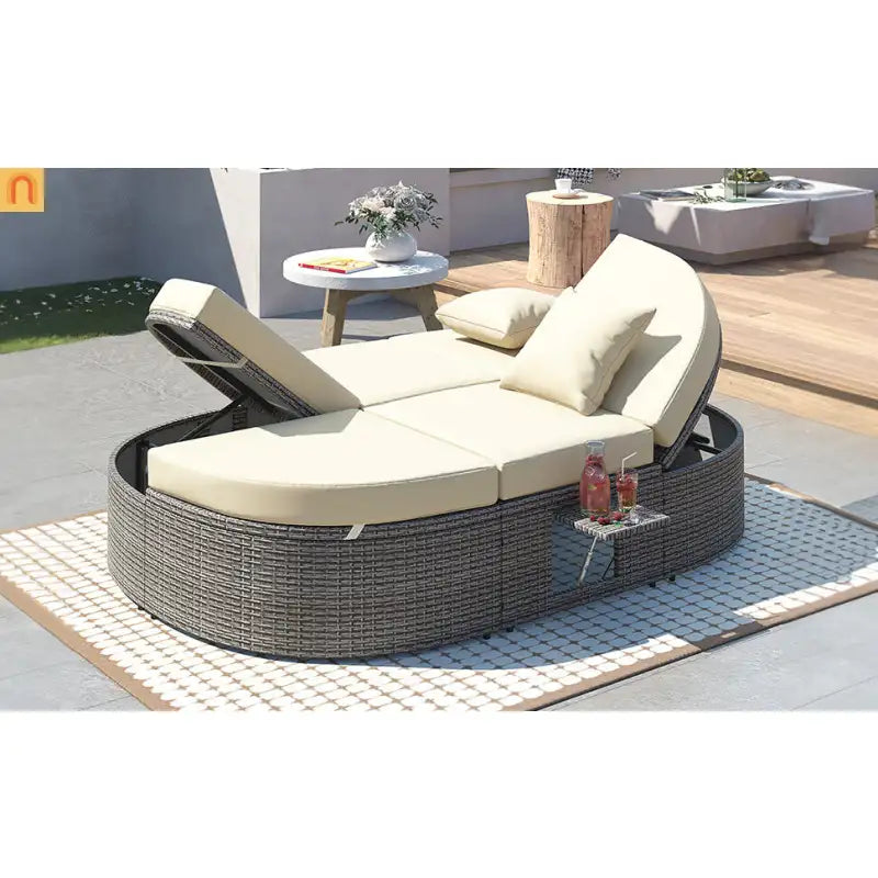 Outdoor Daybed Reclining Rattan Beige with Adjustable Backrests