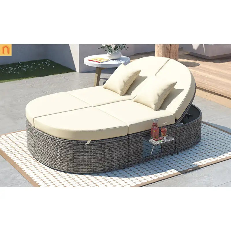 Outdoor Daybed Reclining Rattan Beige with Adjustable Backrests