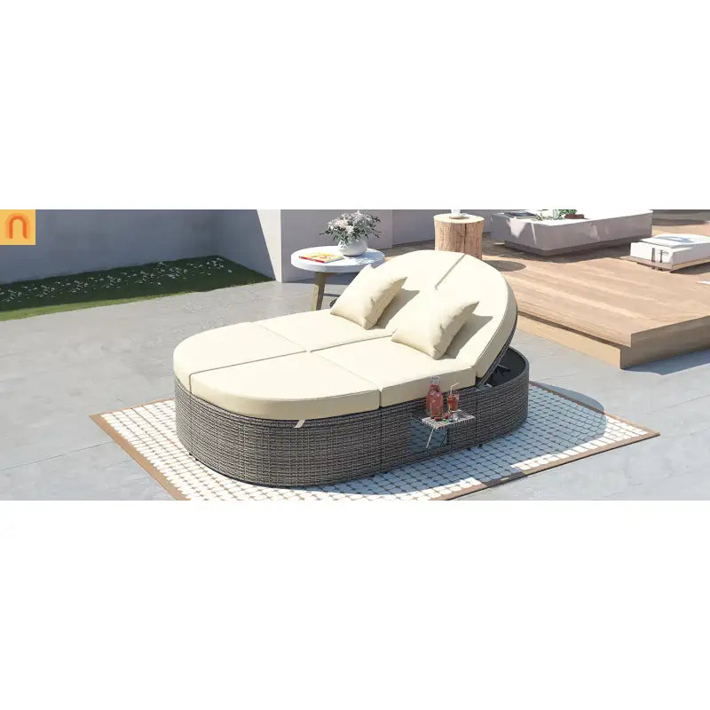 Outdoor Daybed Reclining Rattan Beige with Adjustable Backrests