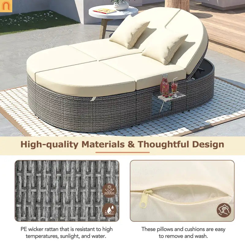 Outdoor Daybed Reclining Rattan Beige with Adjustable Backrests