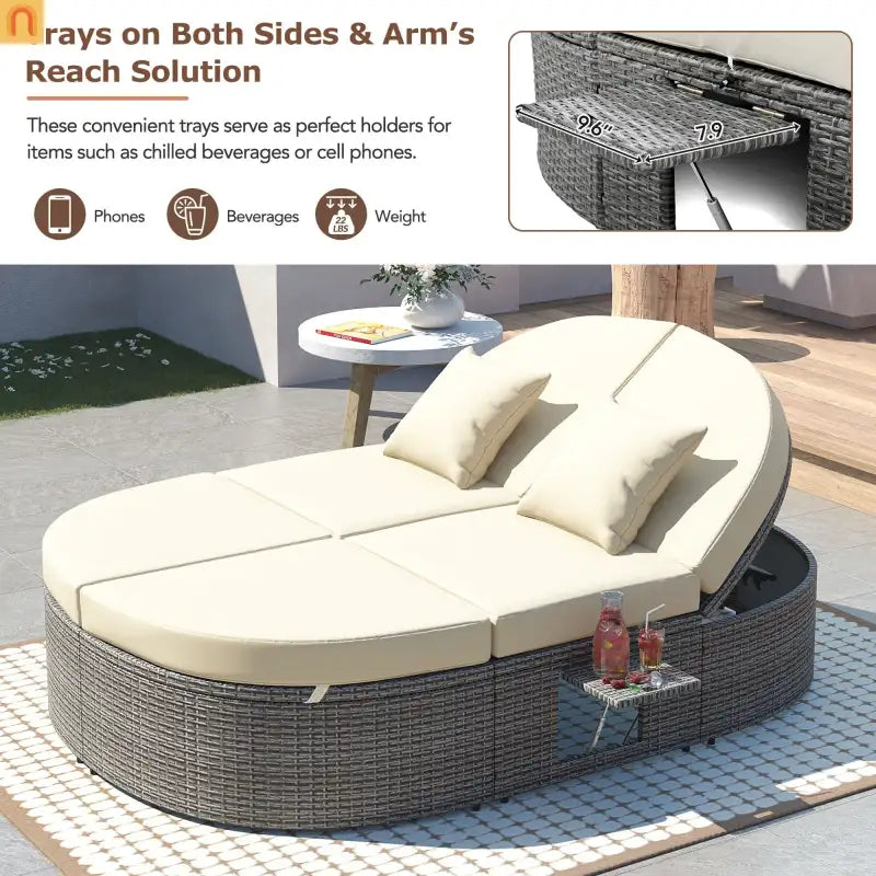 Outdoor Daybed Reclining Rattan Beige with Adjustable Backrests