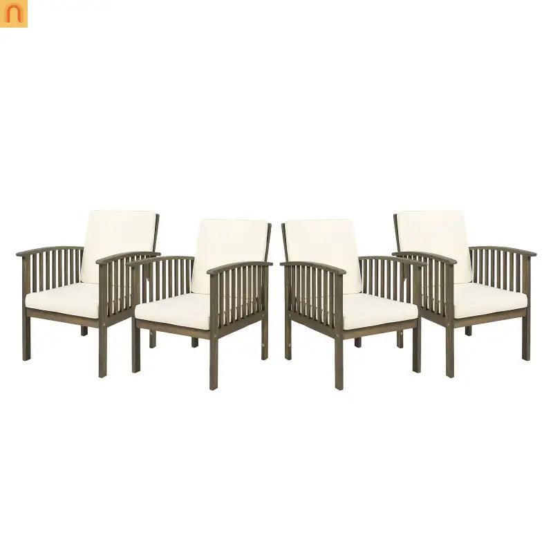 Outdoor Dining Chair Acacia Wood Gray Cream Cushion Farmhouse Set 4