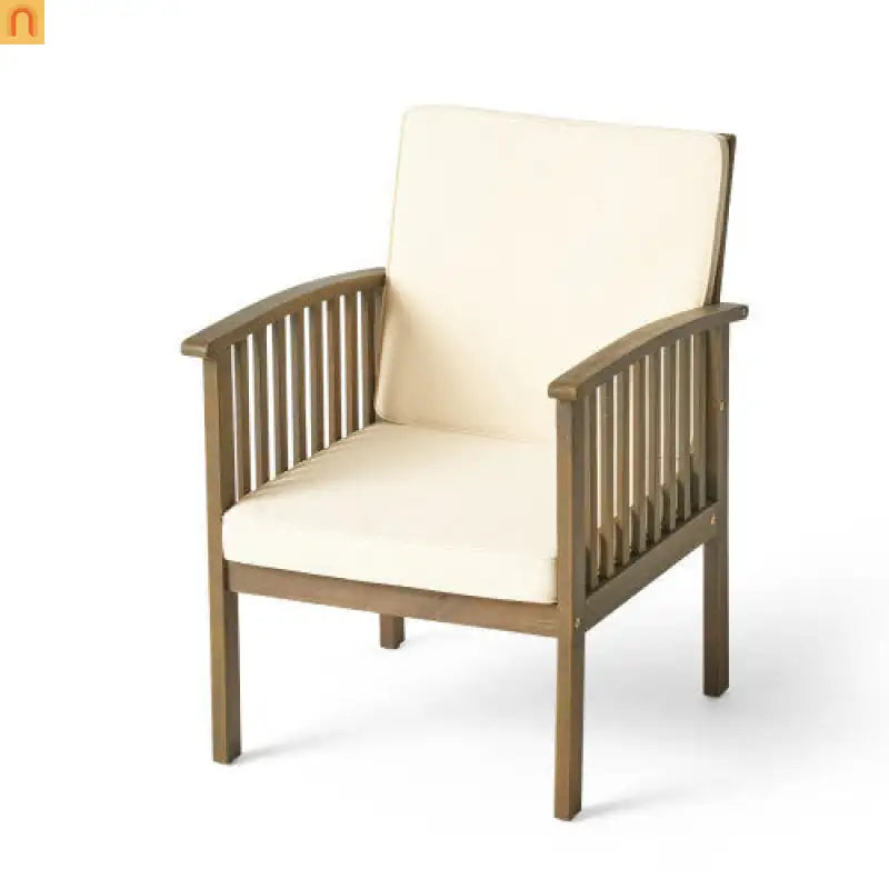 Outdoor Dining Chair Acacia Wood Gray Cream Cushion Farmhouse Set 4