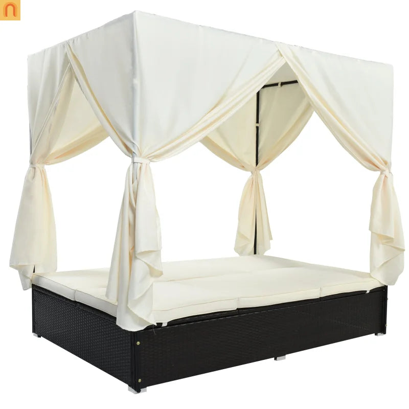 Outdoor Double Chaise Lounge Daybed with Curtains and Adjustable Backrest