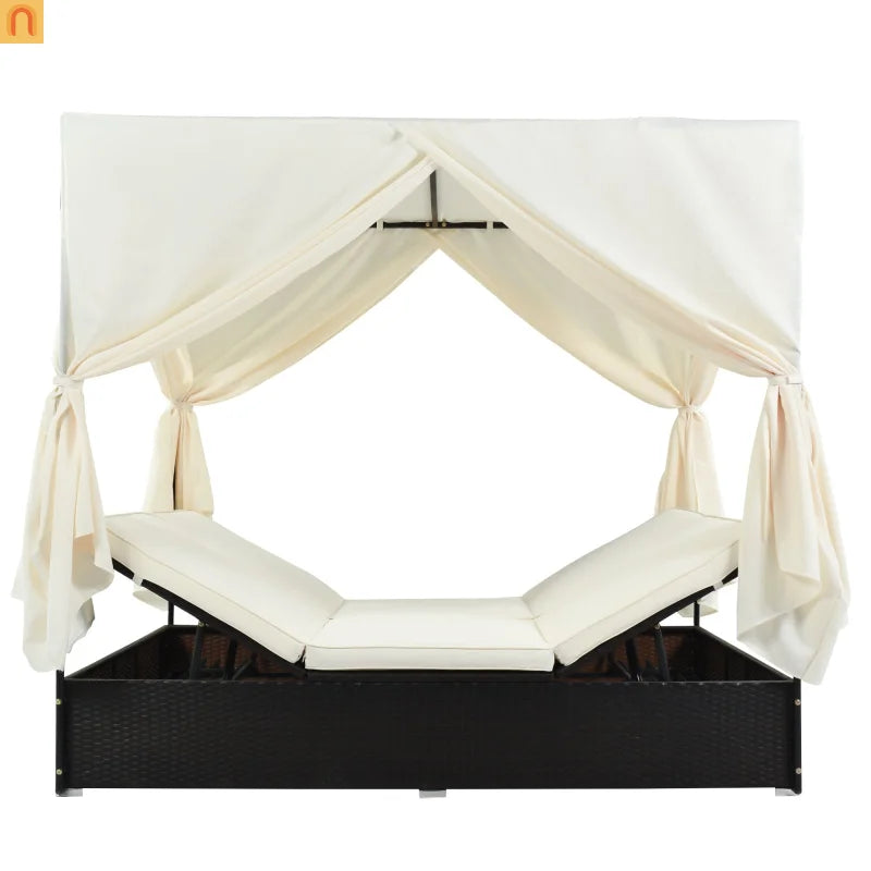 Outdoor Double Chaise Lounge Daybed with Curtains and Adjustable Backrest