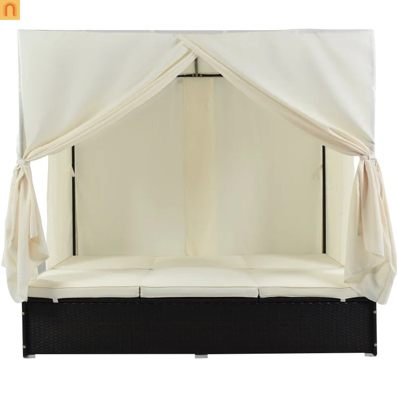 Outdoor Double Chaise Lounge Daybed with Curtains and Adjustable Backrest