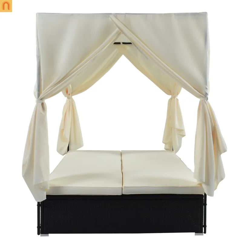 Outdoor Double Chaise Lounge Daybed with Curtains and Adjustable Backrest
