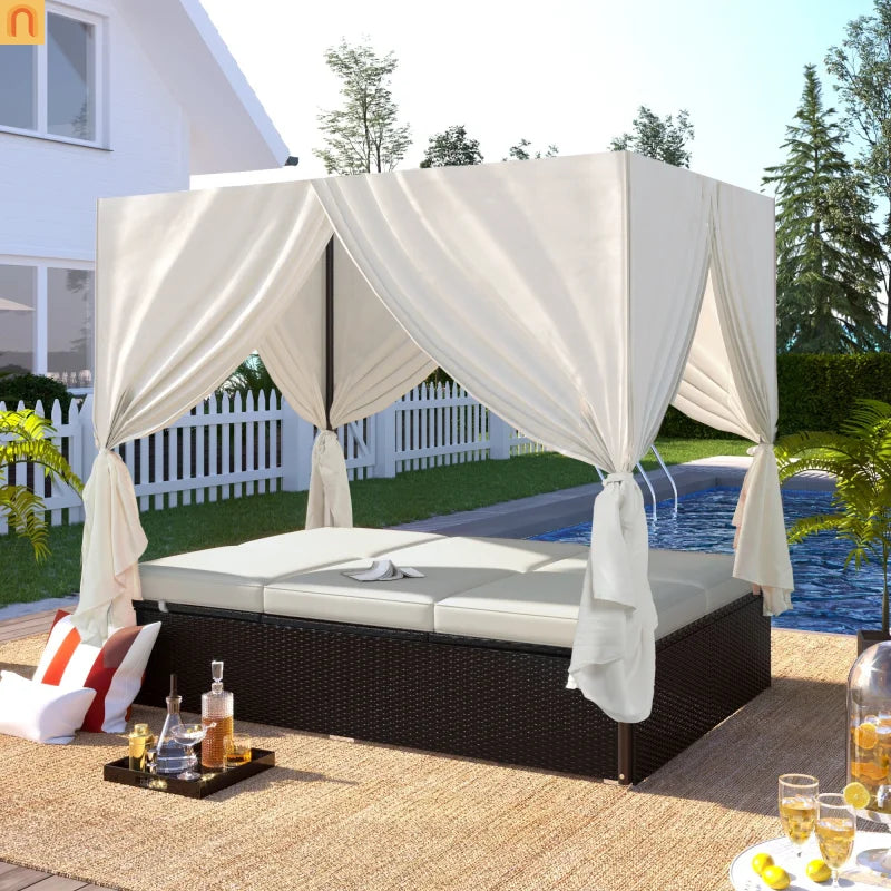 Outdoor Double Chaise Lounge Daybed with Curtains and Adjustable Backrest