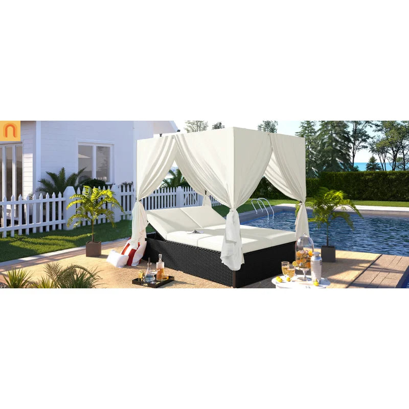 Outdoor Double Chaise Lounge Daybed with Curtains and Adjustable Backrest
