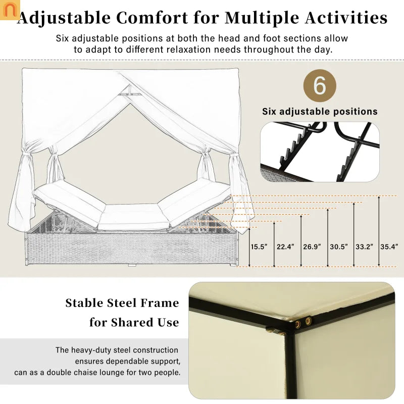 Outdoor Double Chaise Lounge Daybed with Curtains and Adjustable Backrest