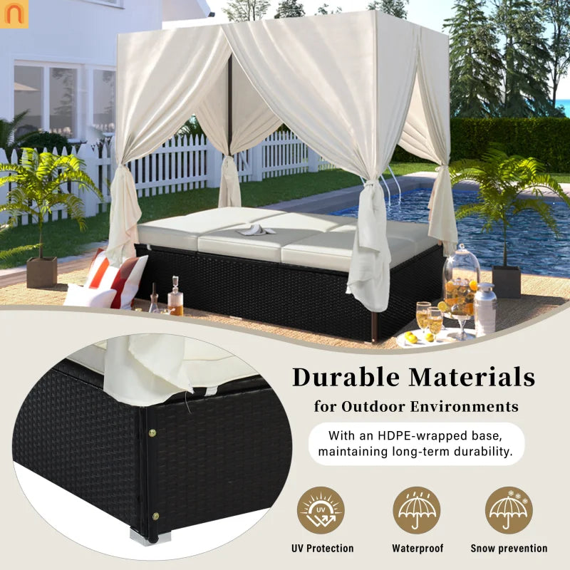 Outdoor Double Chaise Lounge Daybed with Curtains and Adjustable Backrest