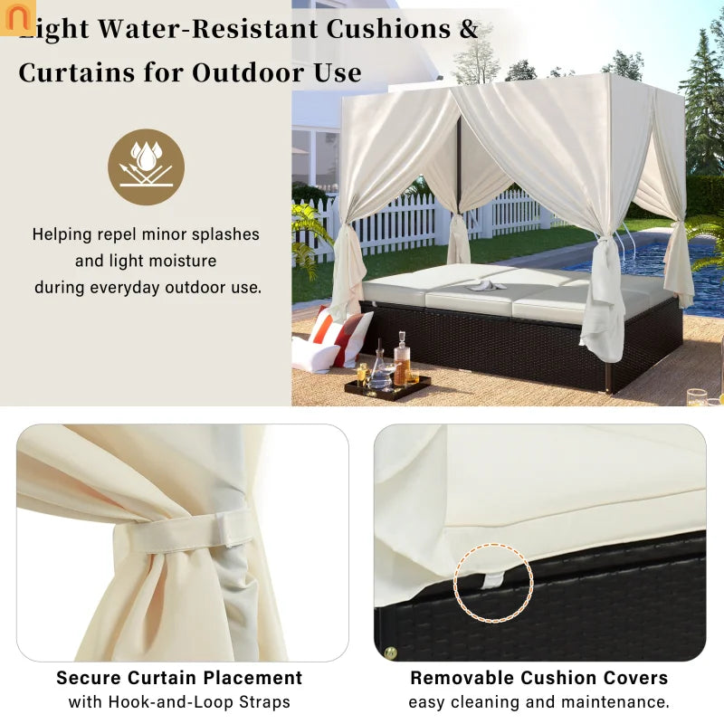 Outdoor Double Chaise Lounge Daybed with Curtains and Adjustable Backrest