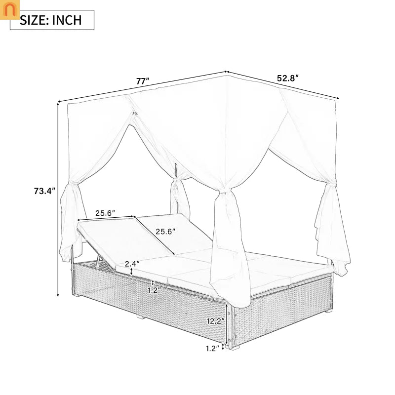 Outdoor Double Chaise Lounge Daybed with Curtains and Adjustable Backrest