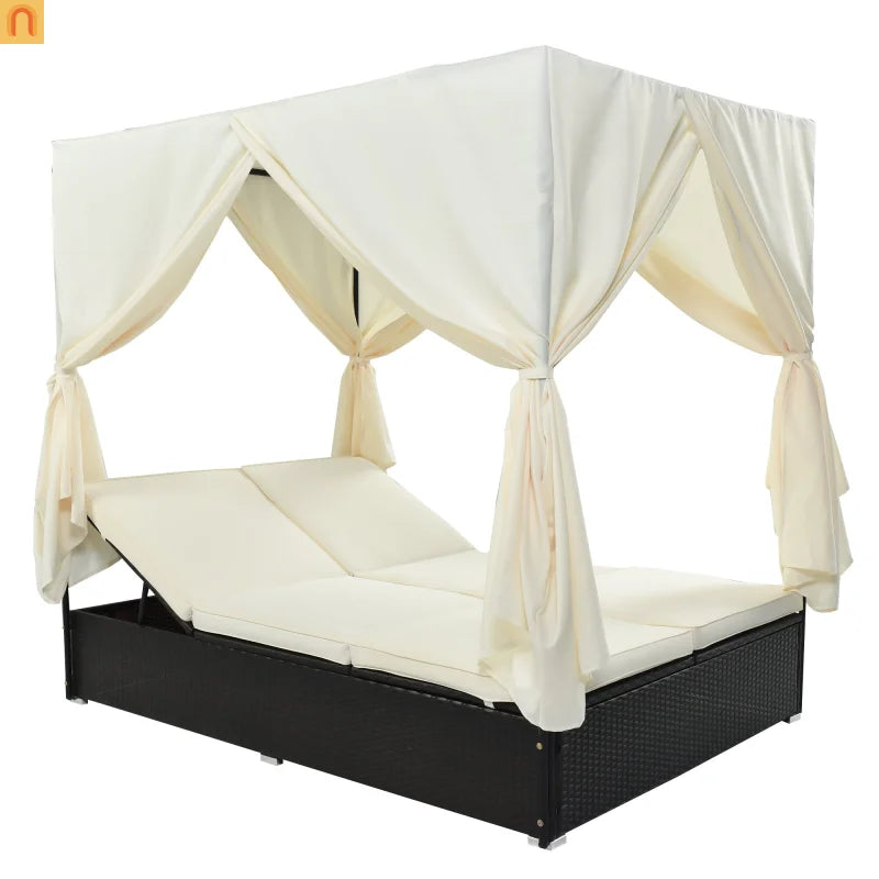 Outdoor Double Chaise Lounge Daybed with Curtains and Adjustable Backrest