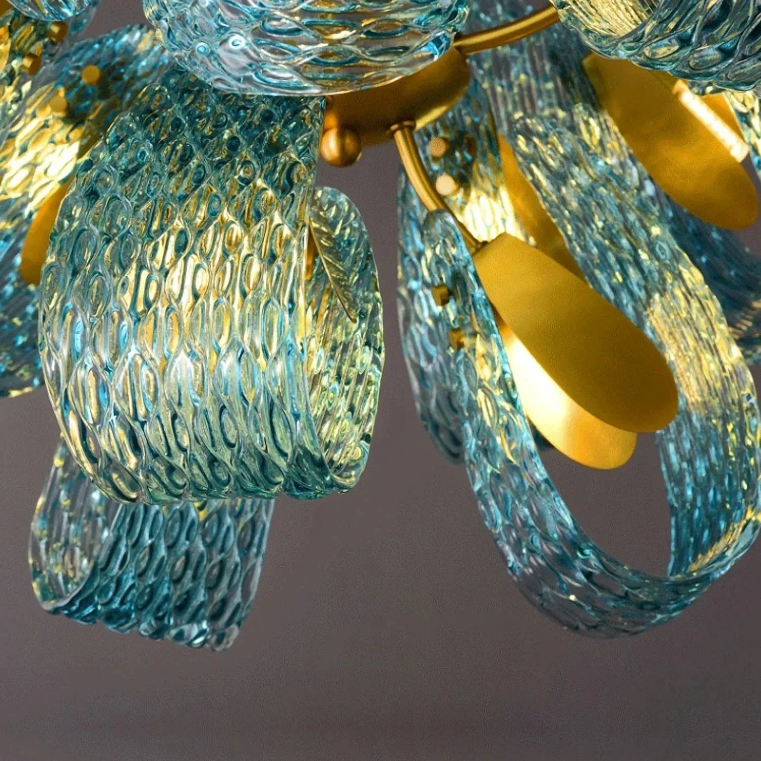 Peacock Blue Petal Art Glass Chandelier