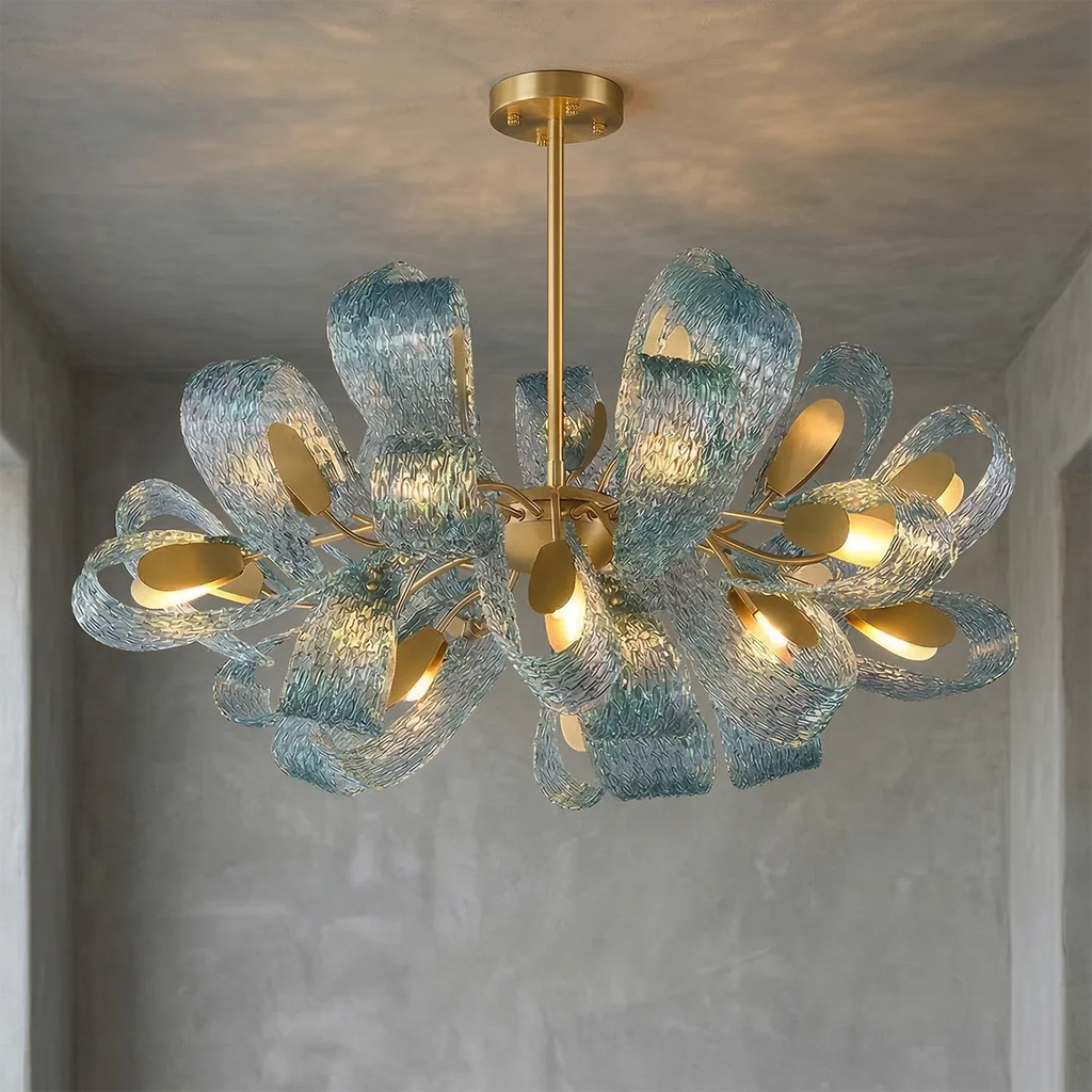 Peacock Blue Petal Art Glass Chandelier