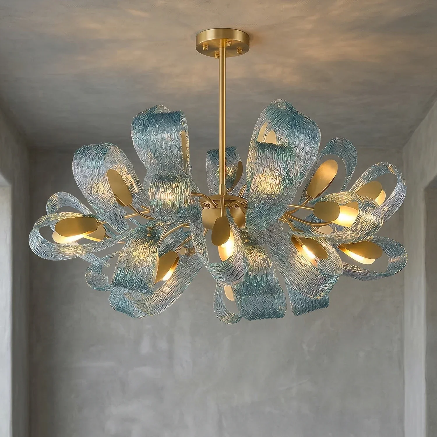 Peacock Blue Petal Art Glass Chandelier
