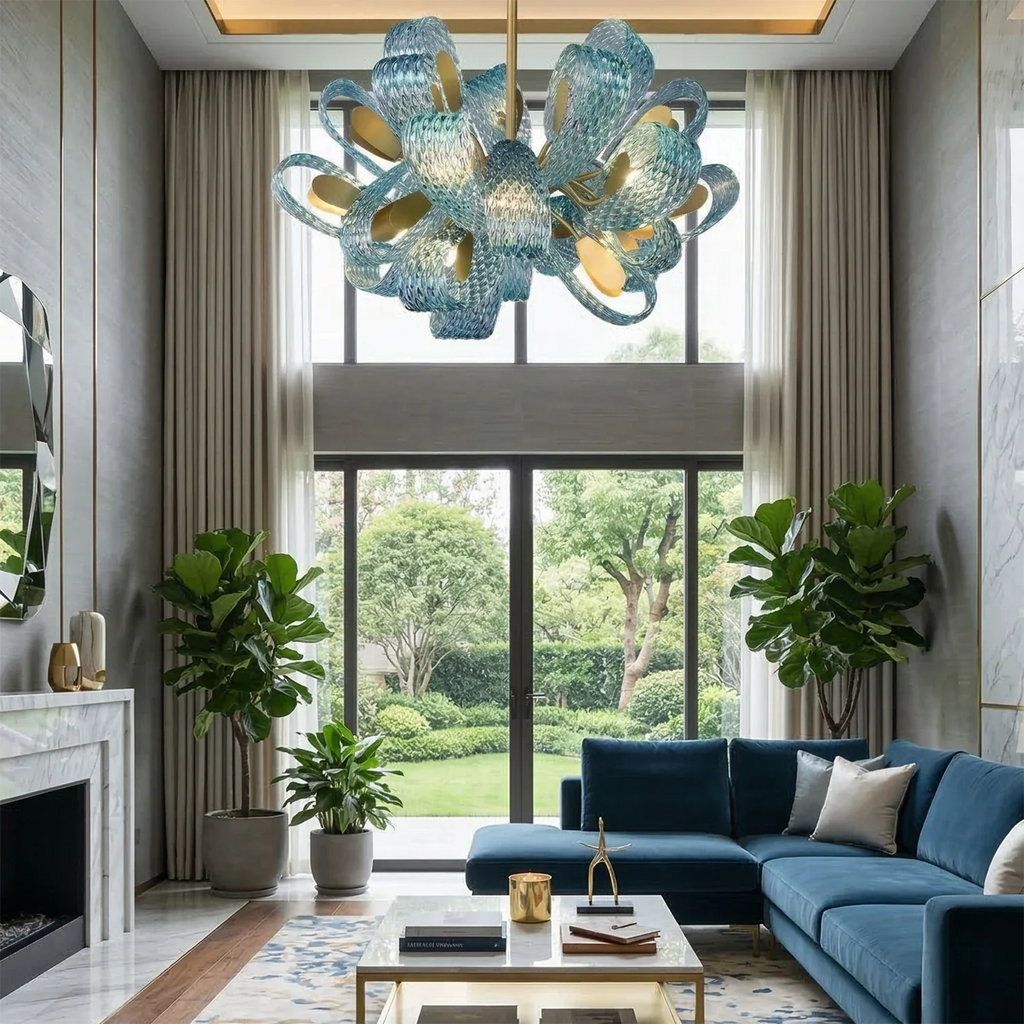 Peacock Blue Petal Art Glass Chandelier