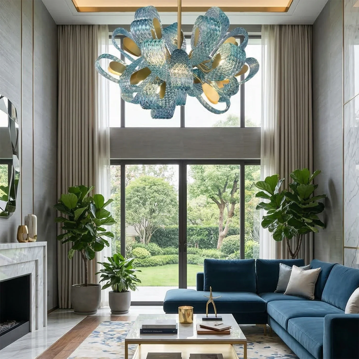 Peacock Blue Petal Art Glass Chandelier