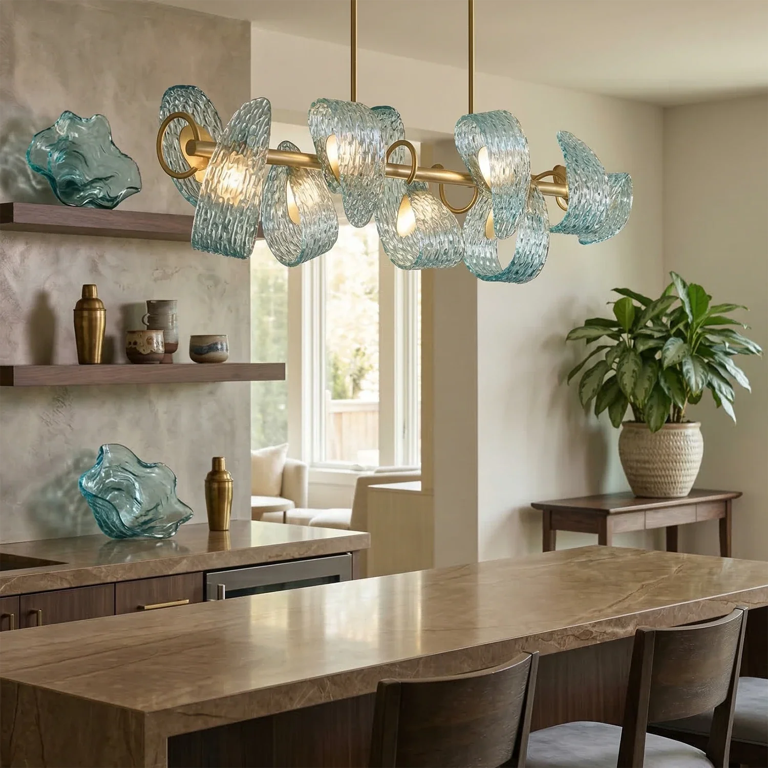 Peacock Blue Petal Art Glass Chandelier