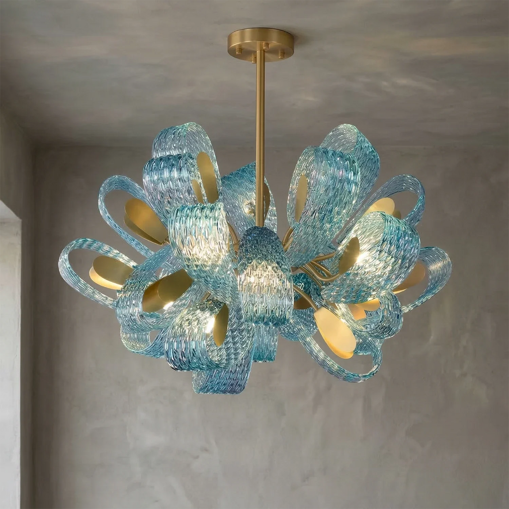 Peacock Blue Petal Art Glass Chandelier