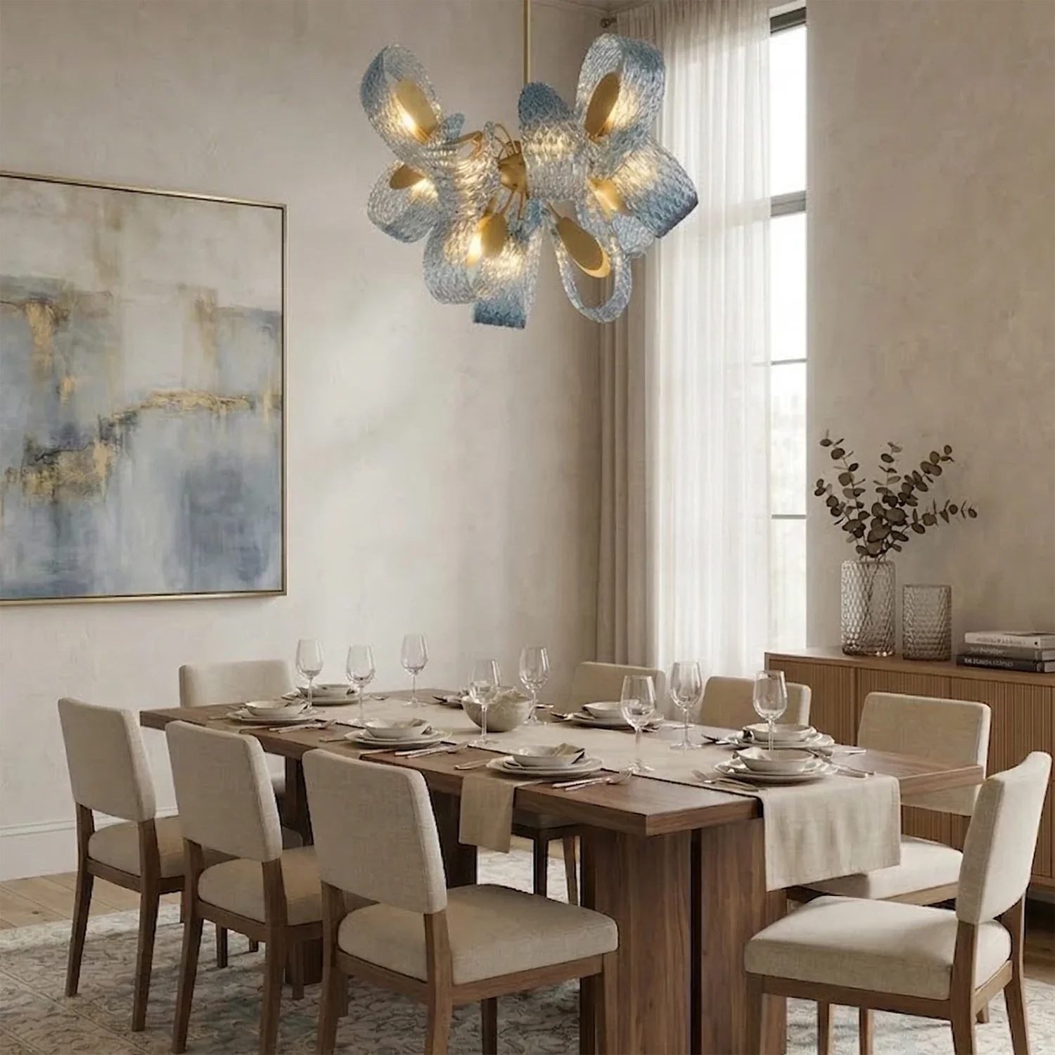 Peacock Blue Petal Art Glass Chandelier