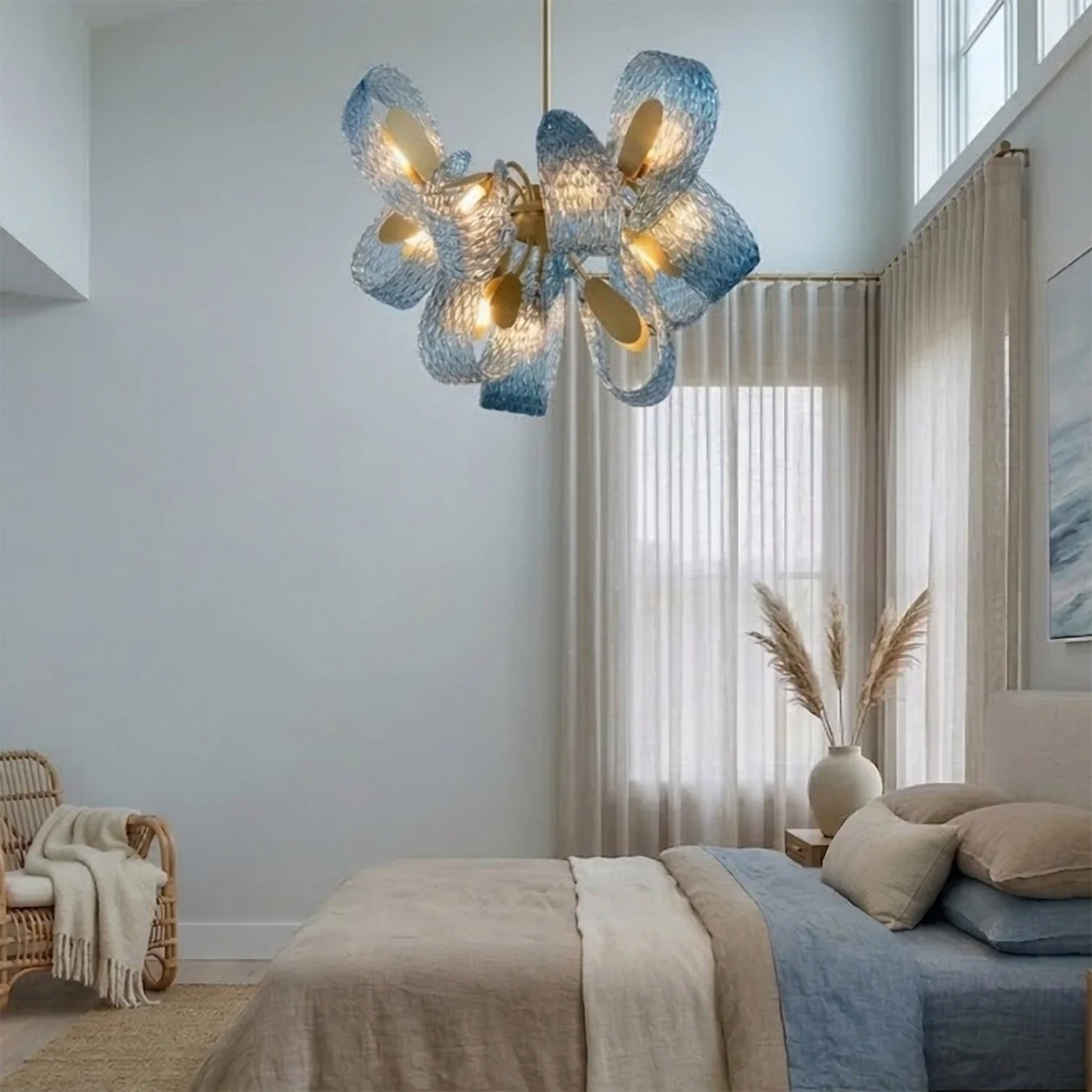 Peacock Blue Petal Art Glass Chandelier