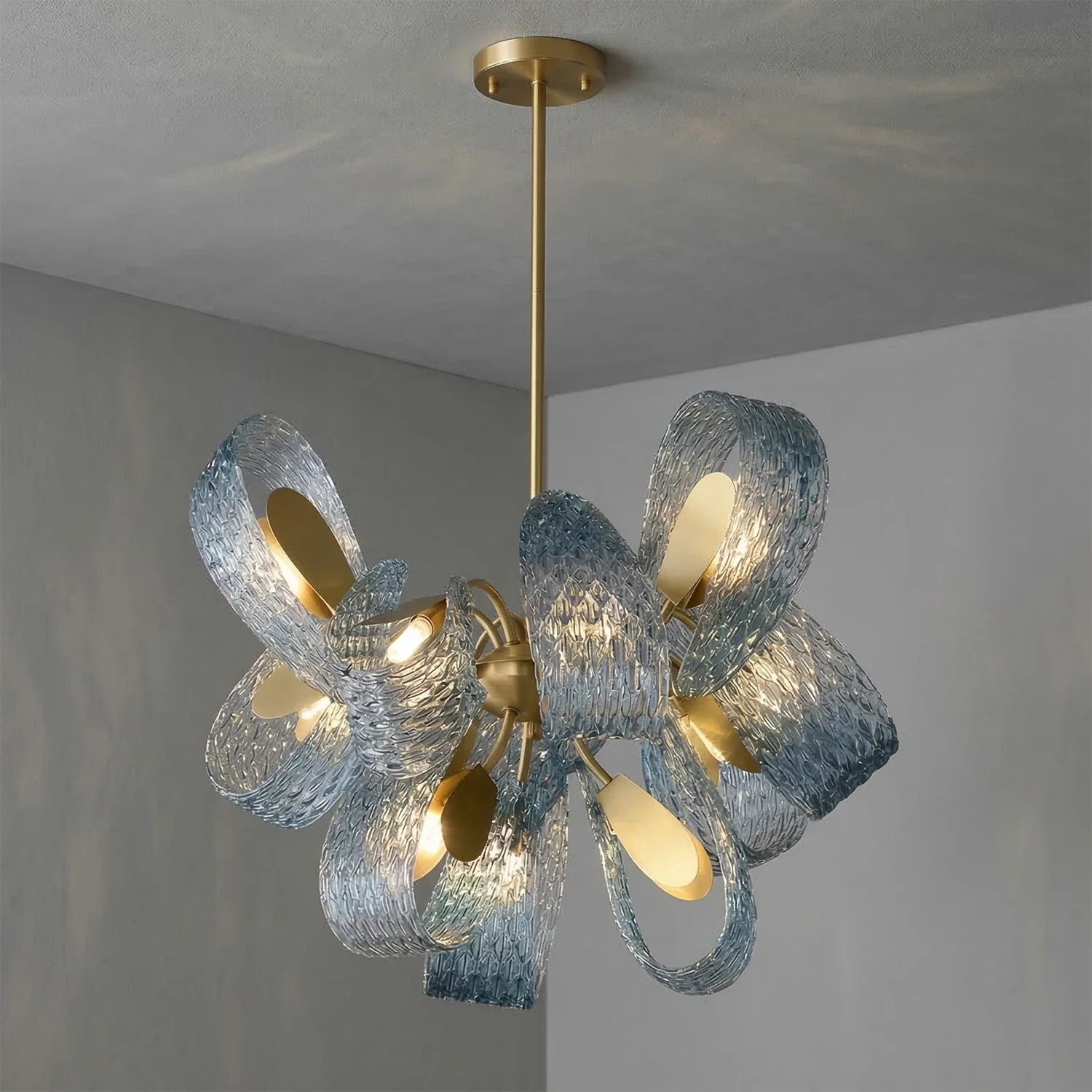 Peacock Blue Petal Art Glass Chandelier