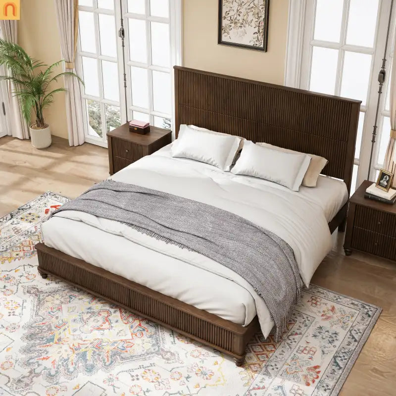 Platform Bed Contemporary Tall Headboard Solid Walnut Wood King Size