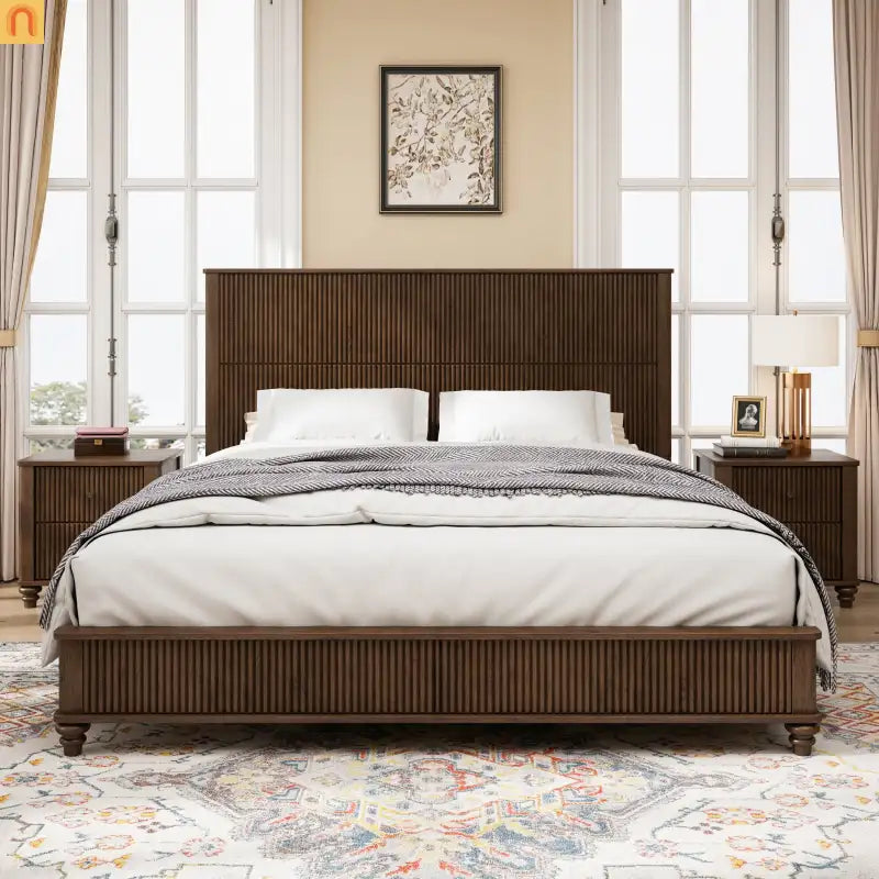 Platform Bed Contemporary Tall Headboard Solid Walnut Wood King Size